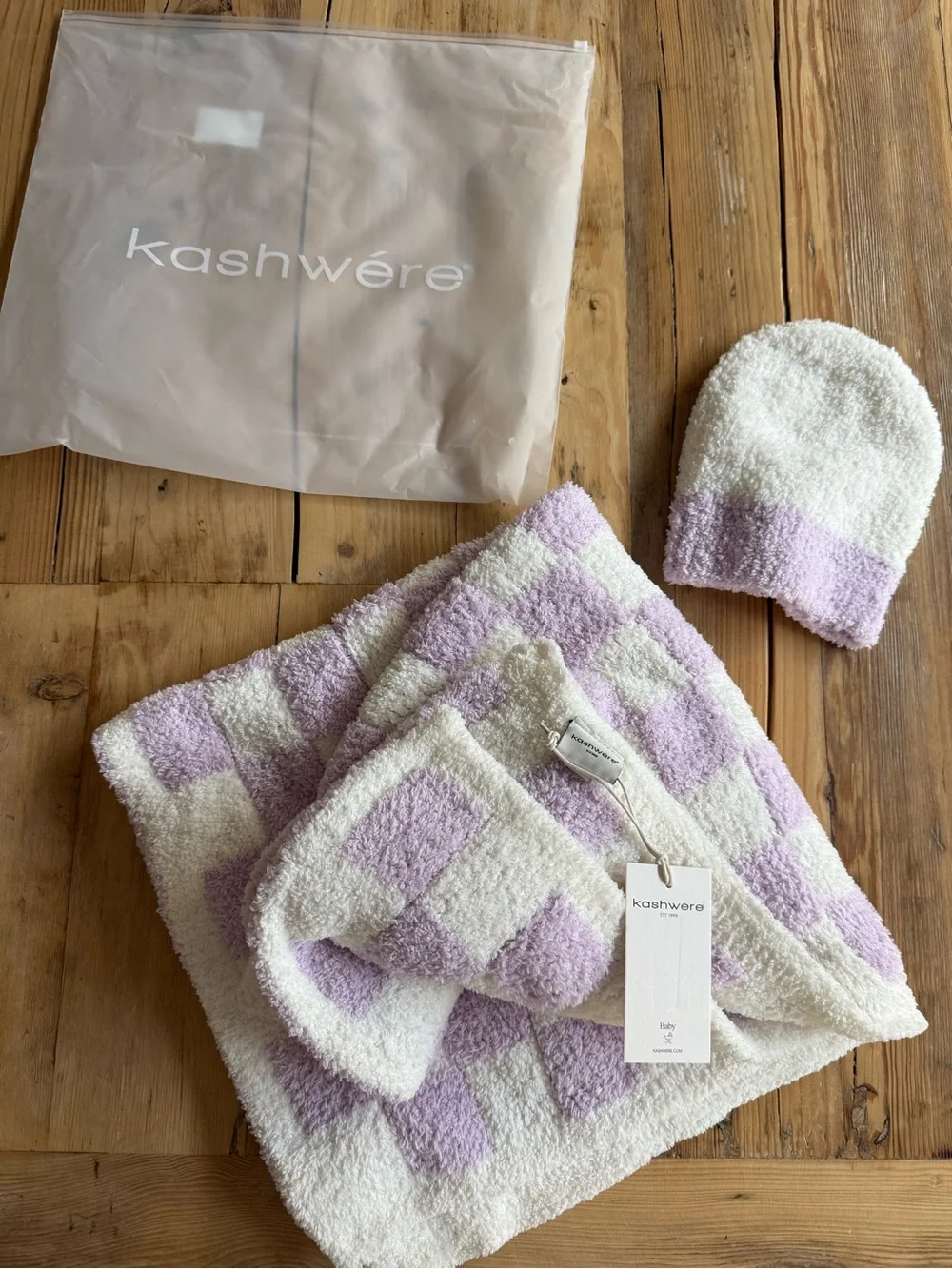 Kashwere Baby Blanket & Cap Set, Check Chenilla Cloud, Iris/Creme, NWT